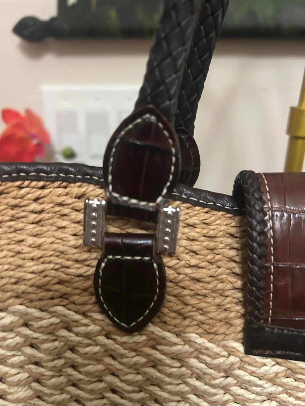 Brighton Natural Straw Tote with Brown Leather Trim and Heart Charm